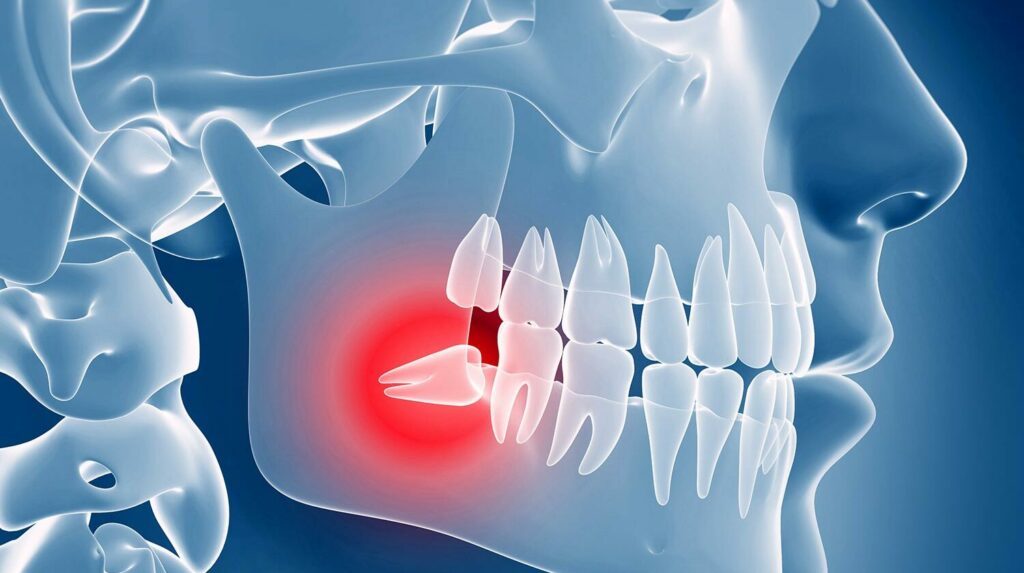 graphic of a skull and jaw with impacted wisdom teeth